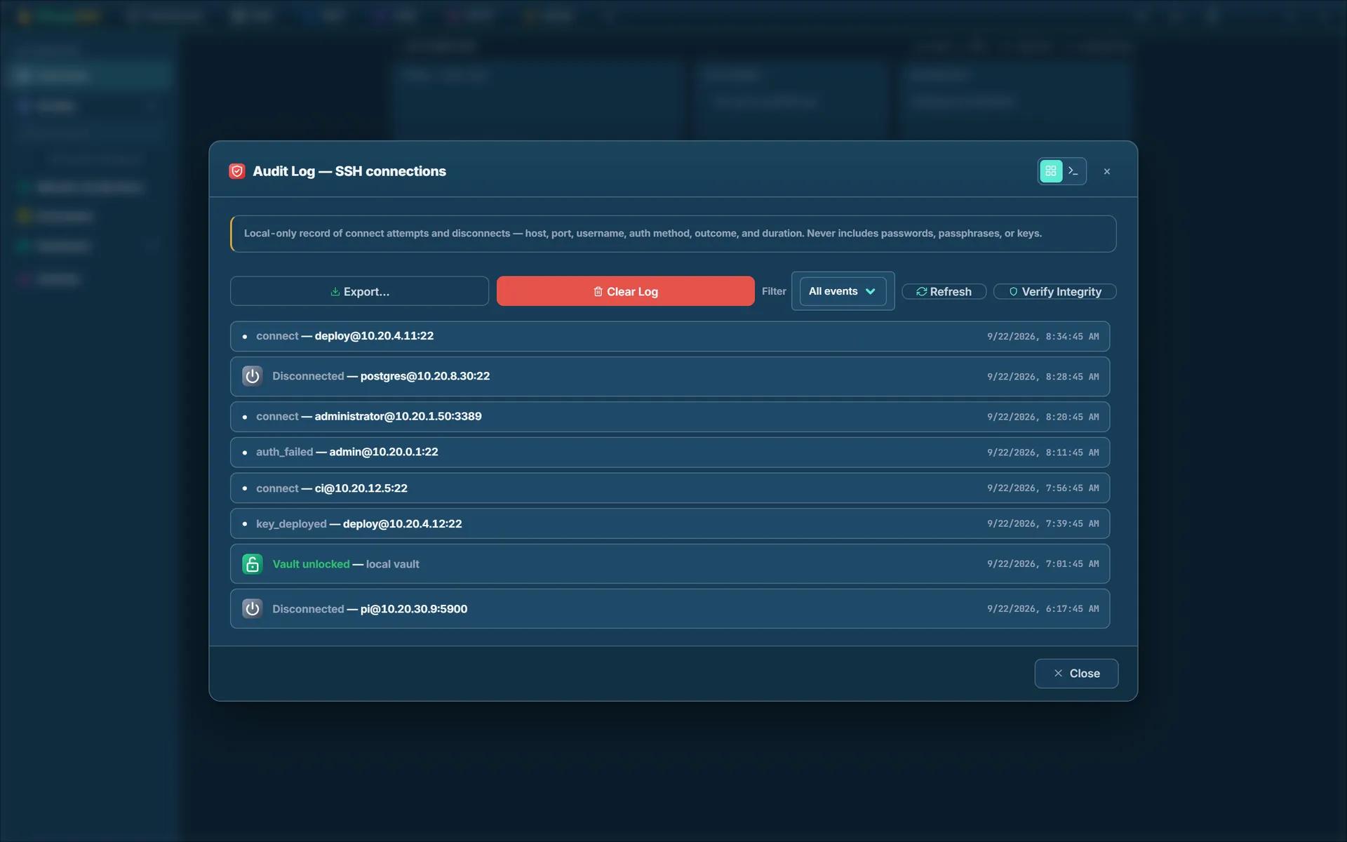 The Audit Log showing connect, disconnect, auth_failed, key_deployed and vault-unlock events with timestamps, and Export, Clear Log and Verify Integrity controls
