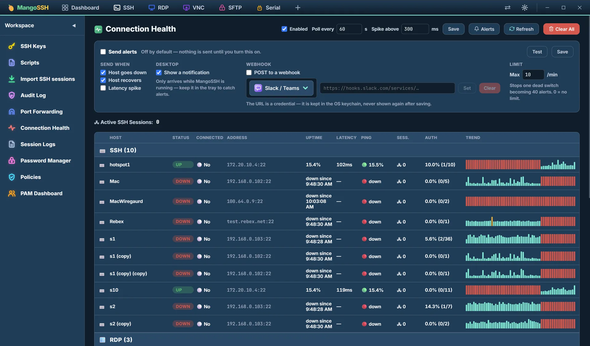 Connection Health: alert settings across the top, then a table of SSH hosts with status, address, uptime, latency, ping, session count, auth success rate and a trend sparkline per host