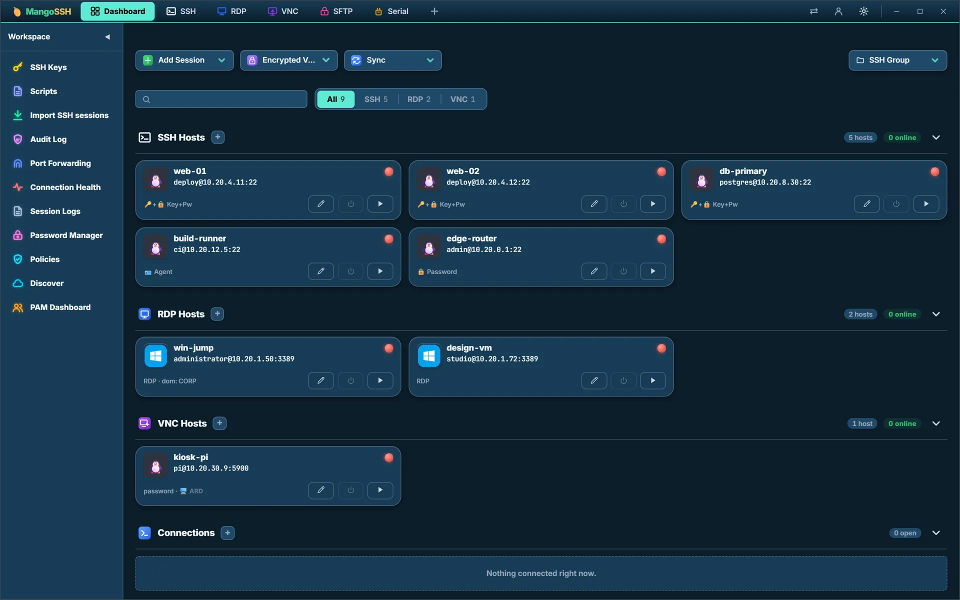 The MangoSSH Dashboard listing saved SSH and RDP hosts grouped by protocol