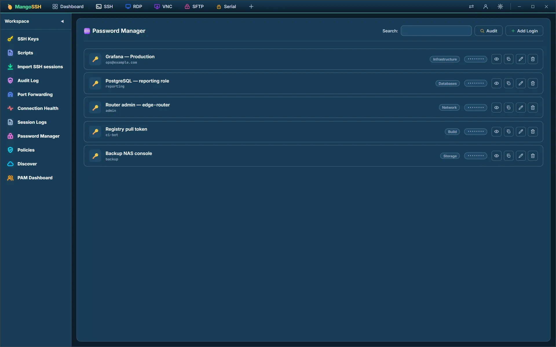 The Password Manager listing saved logins with folder tags and masked passwords