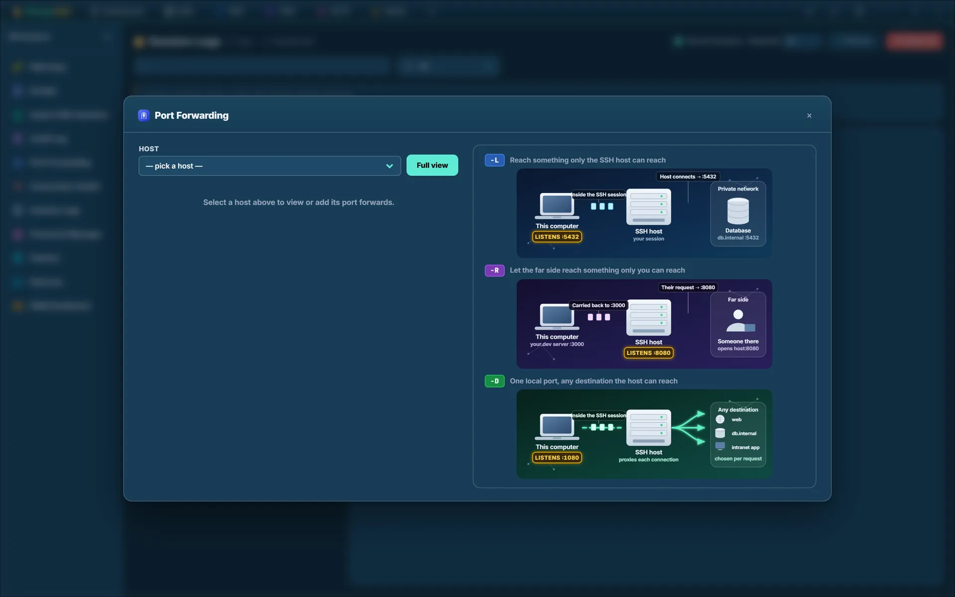 The Port Forwarding panel, showing controls for starting a local or remote forward