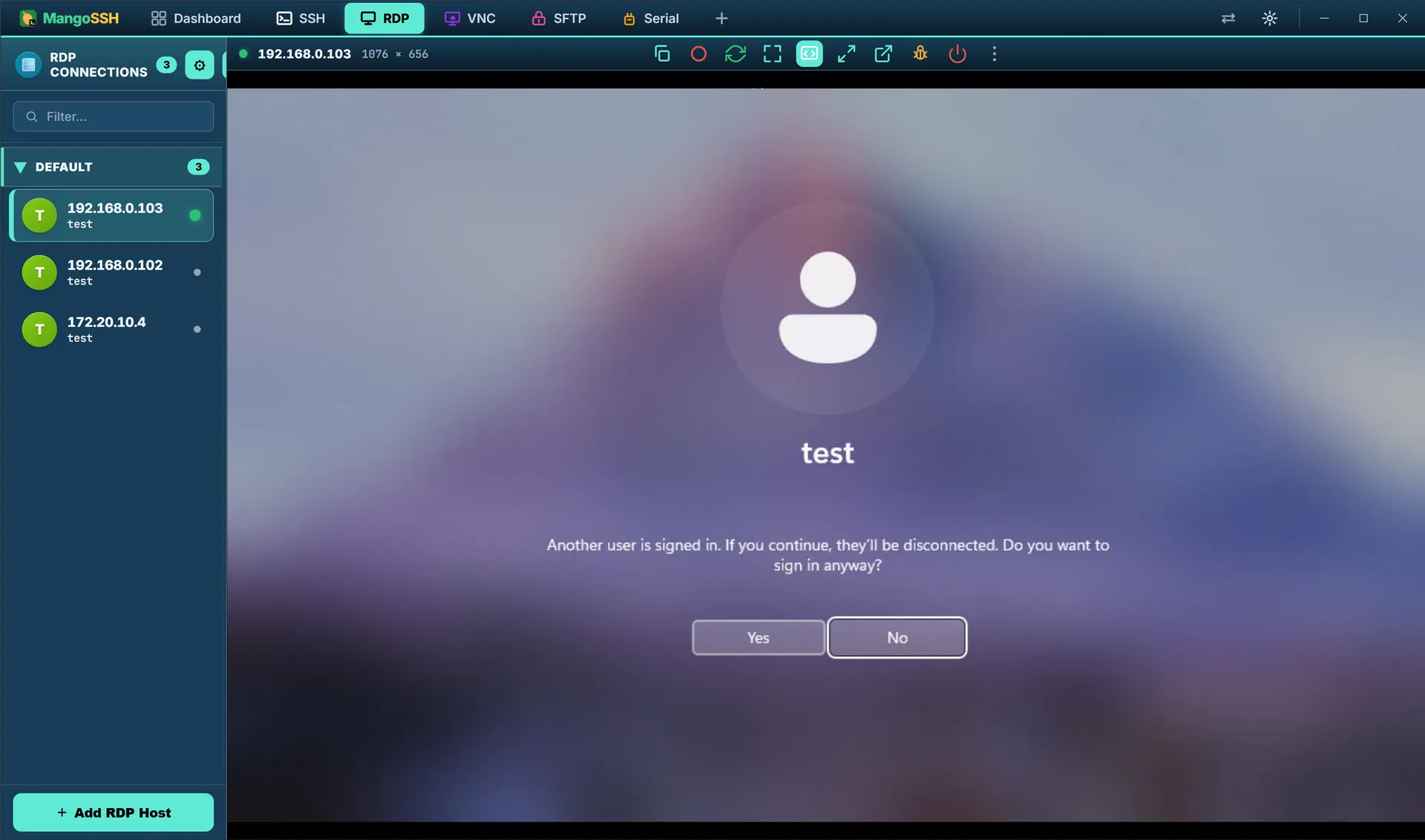 A live RDP session to a Windows host rendered inside the MangoSSH window