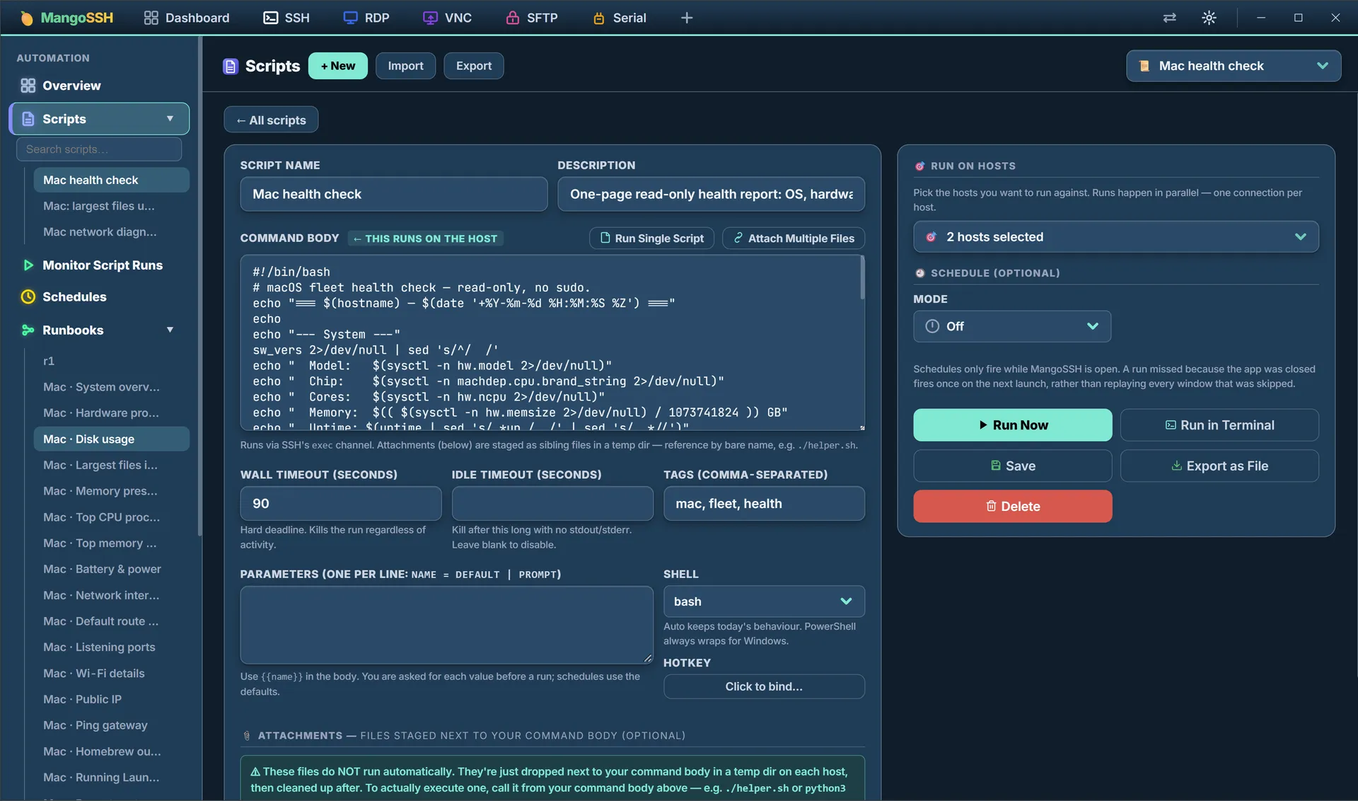 The script editor showing a command body, timeouts, tags, host selection and schedule controls