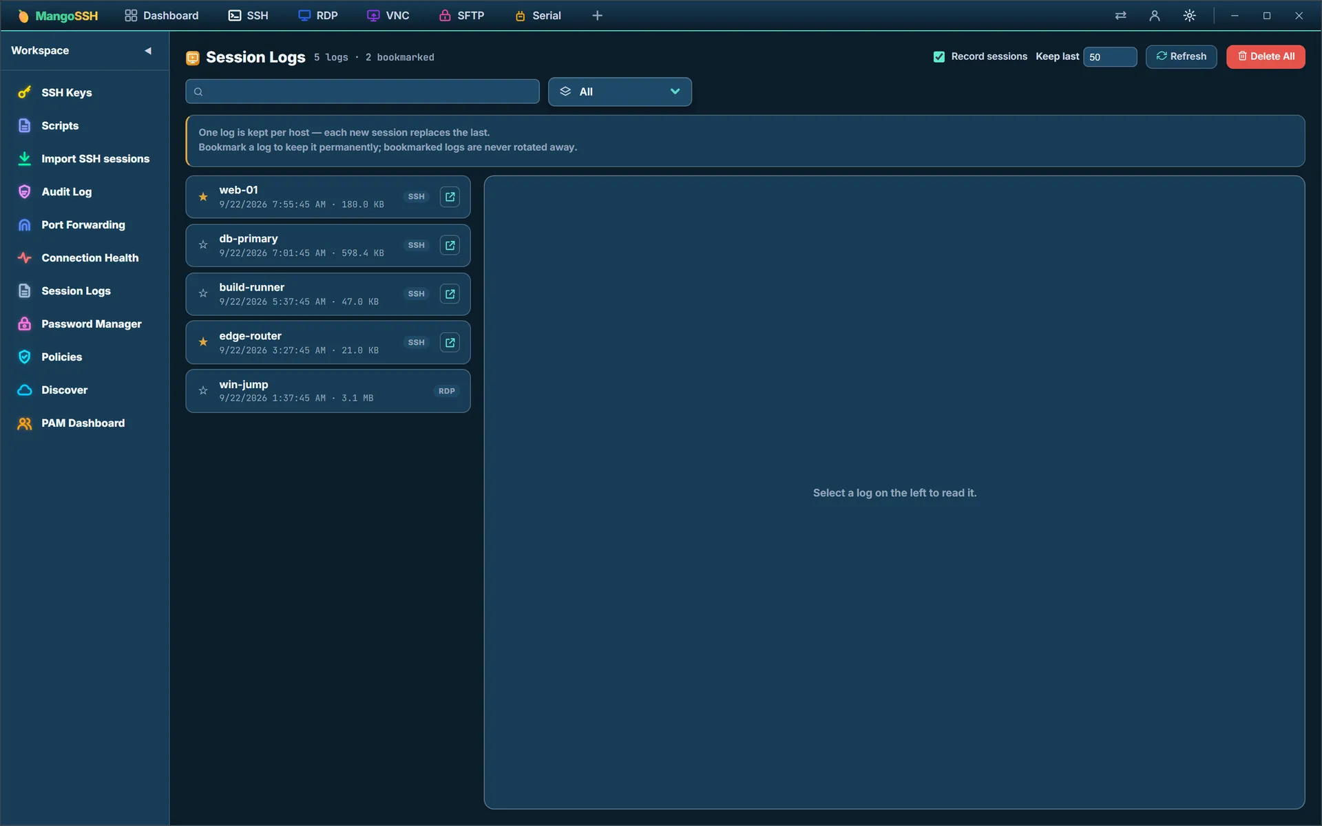 The Session Logs panel listing recorded sessions per host with sizes, protocols and bookmarks