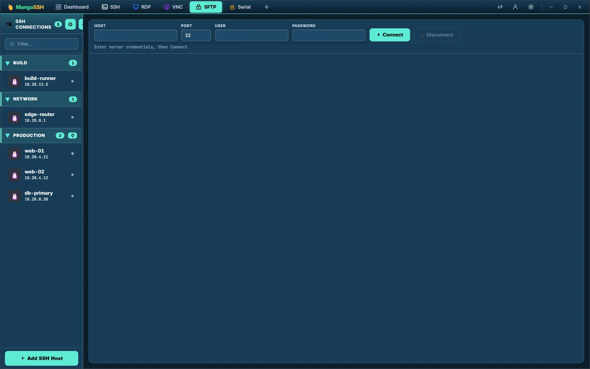 The SFTP view with its saved-connection sidebar