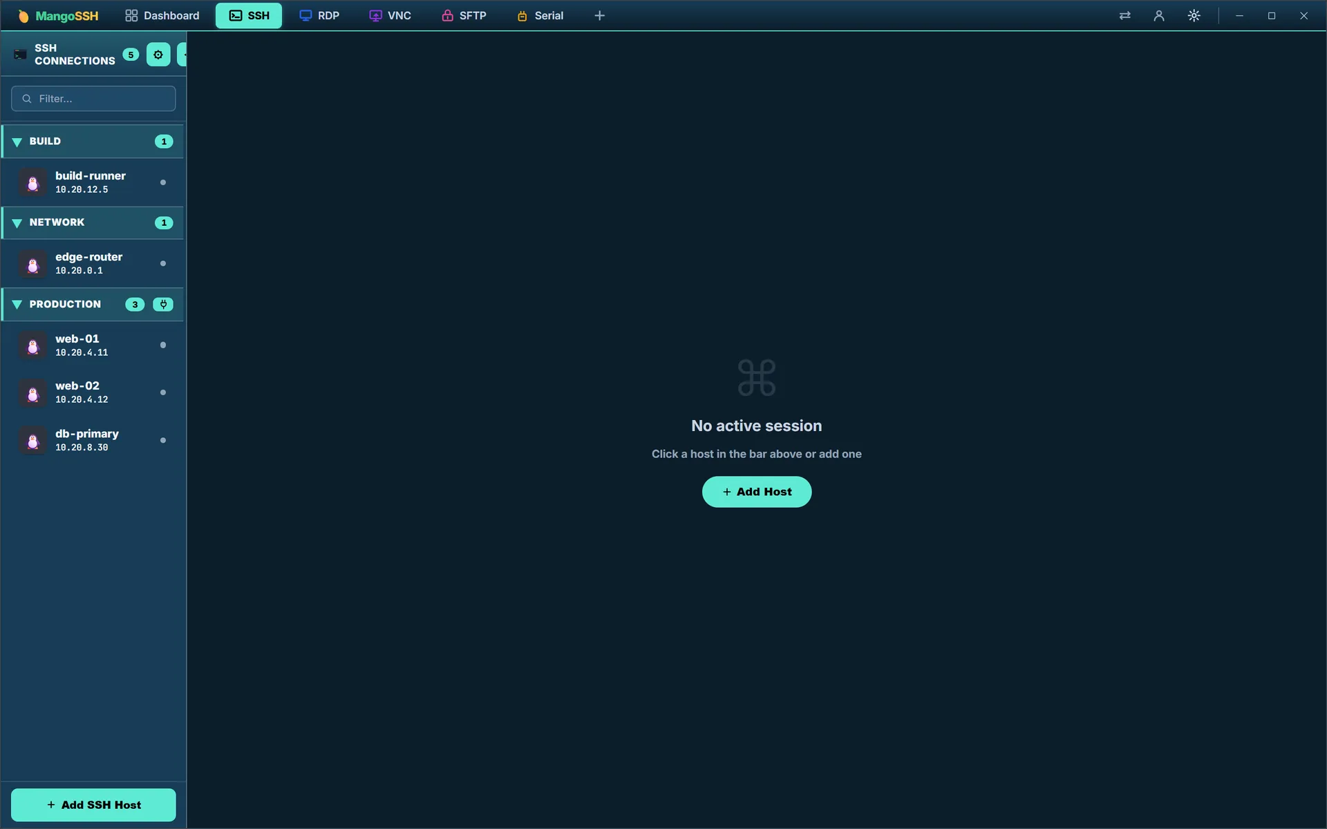 The SSH view sidebar with hosts collected under Build, Network and Production group headers