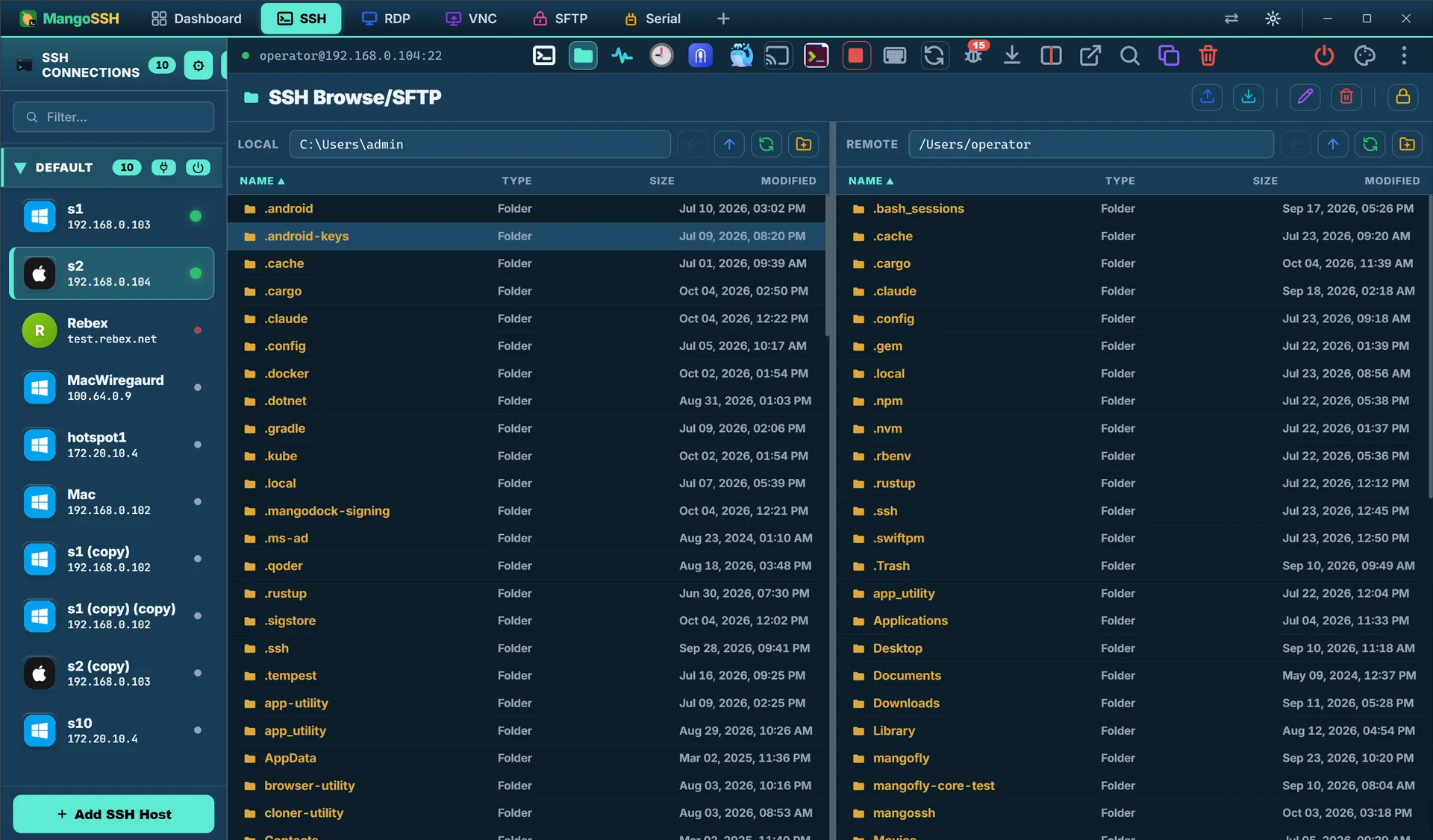 The SSH Browse and SFTP pane in MangoSSH, local files on the left and the remote filesystem on the right