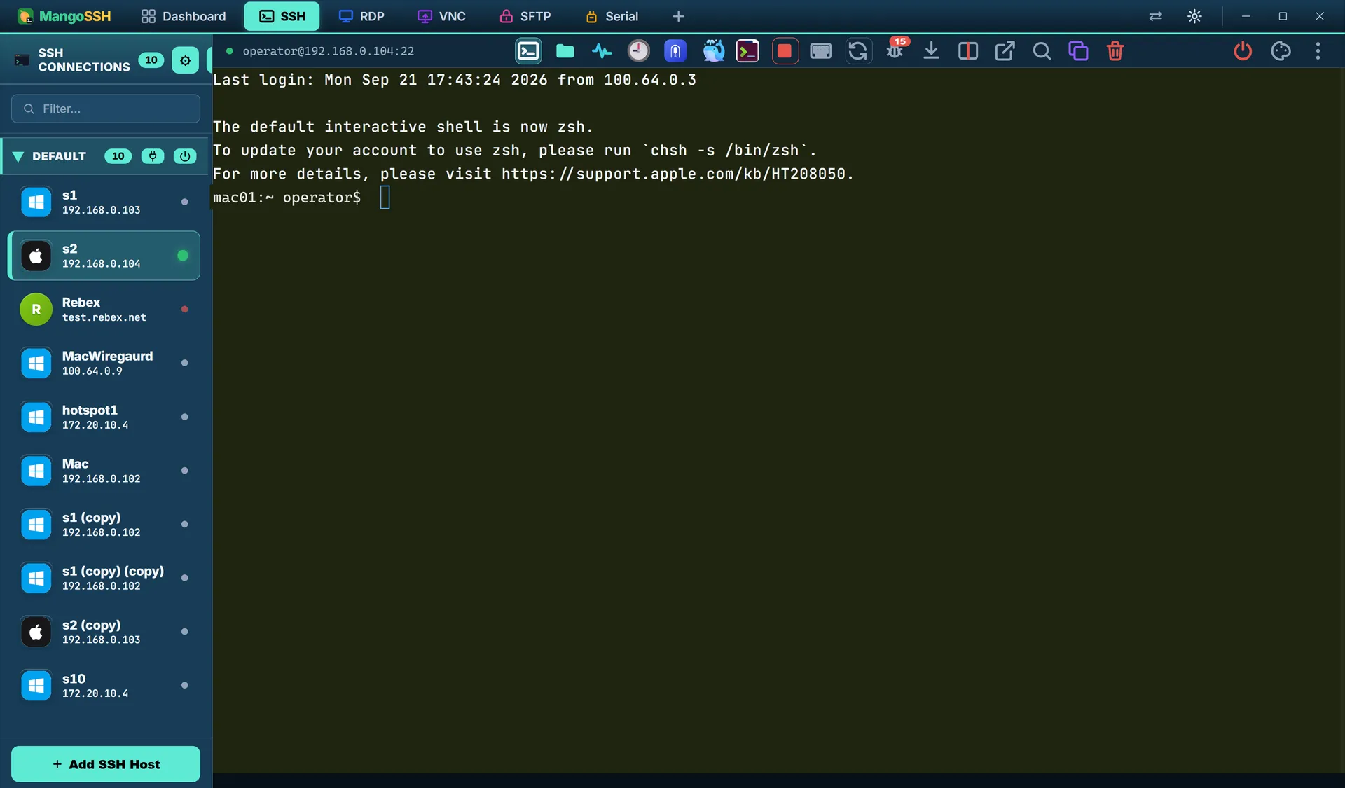 A MangoSSH window with a live SSH terminal, its per-session toolbar above and the grouped host sidebar on the left