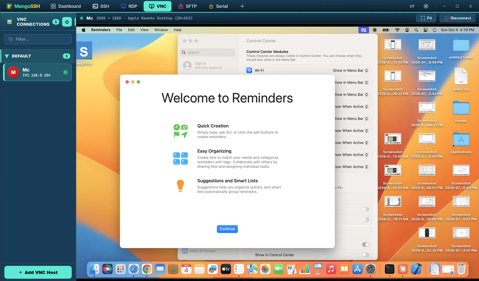 A MangoSSH window with a VNC session to a macOS desktop, the title bar reporting the negotiated resolution and encryption