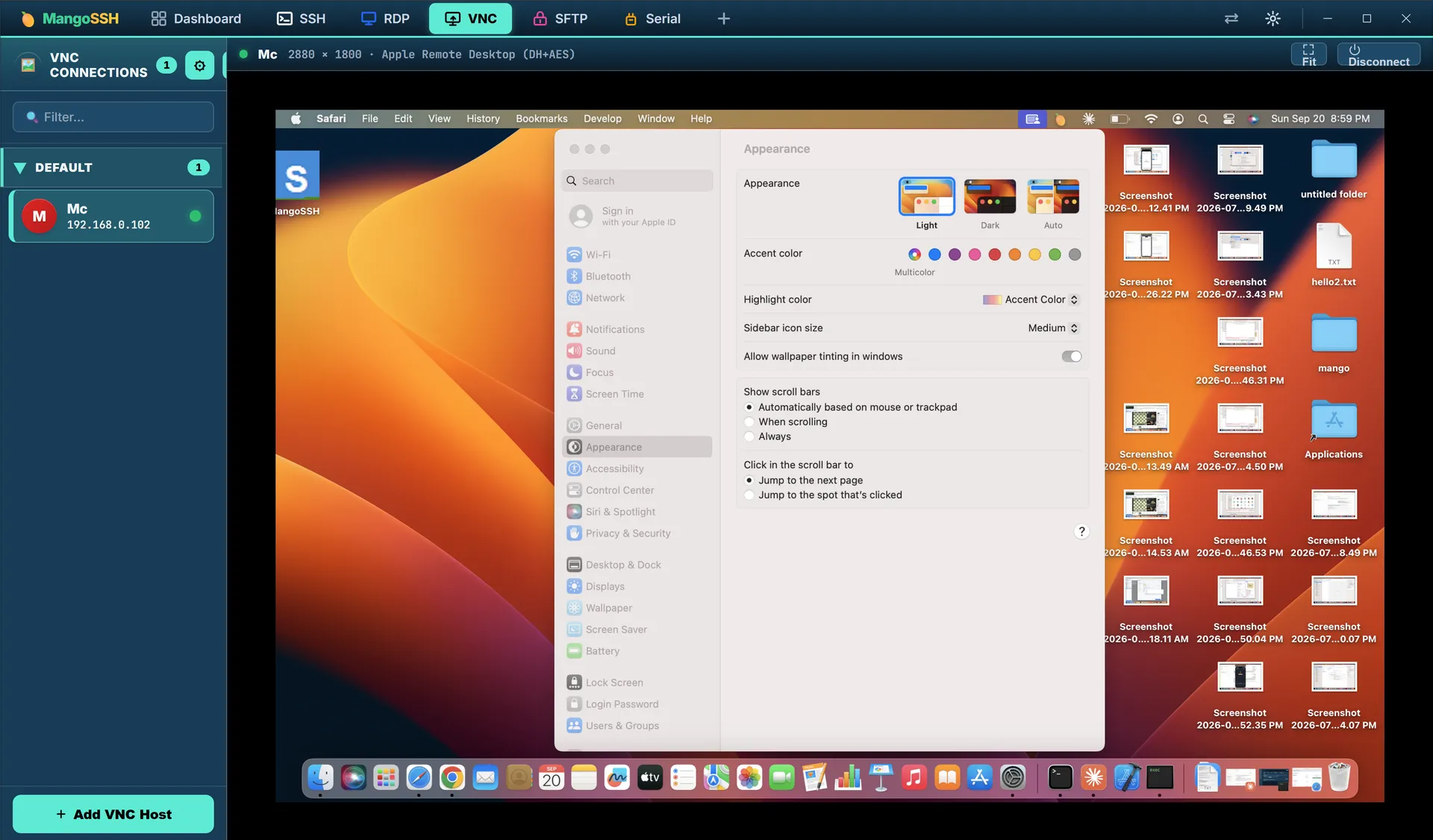 A live VNC session to a macOS desktop, the title bar reporting 2880x1800 and Apple Remote Desktop with DH+AES encryption