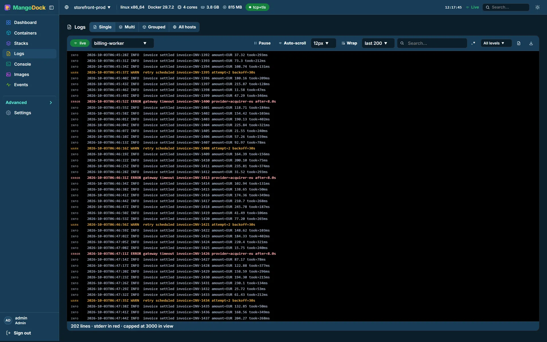 The Logs page streaming a container's output, with info, warning and error lines coloured by level