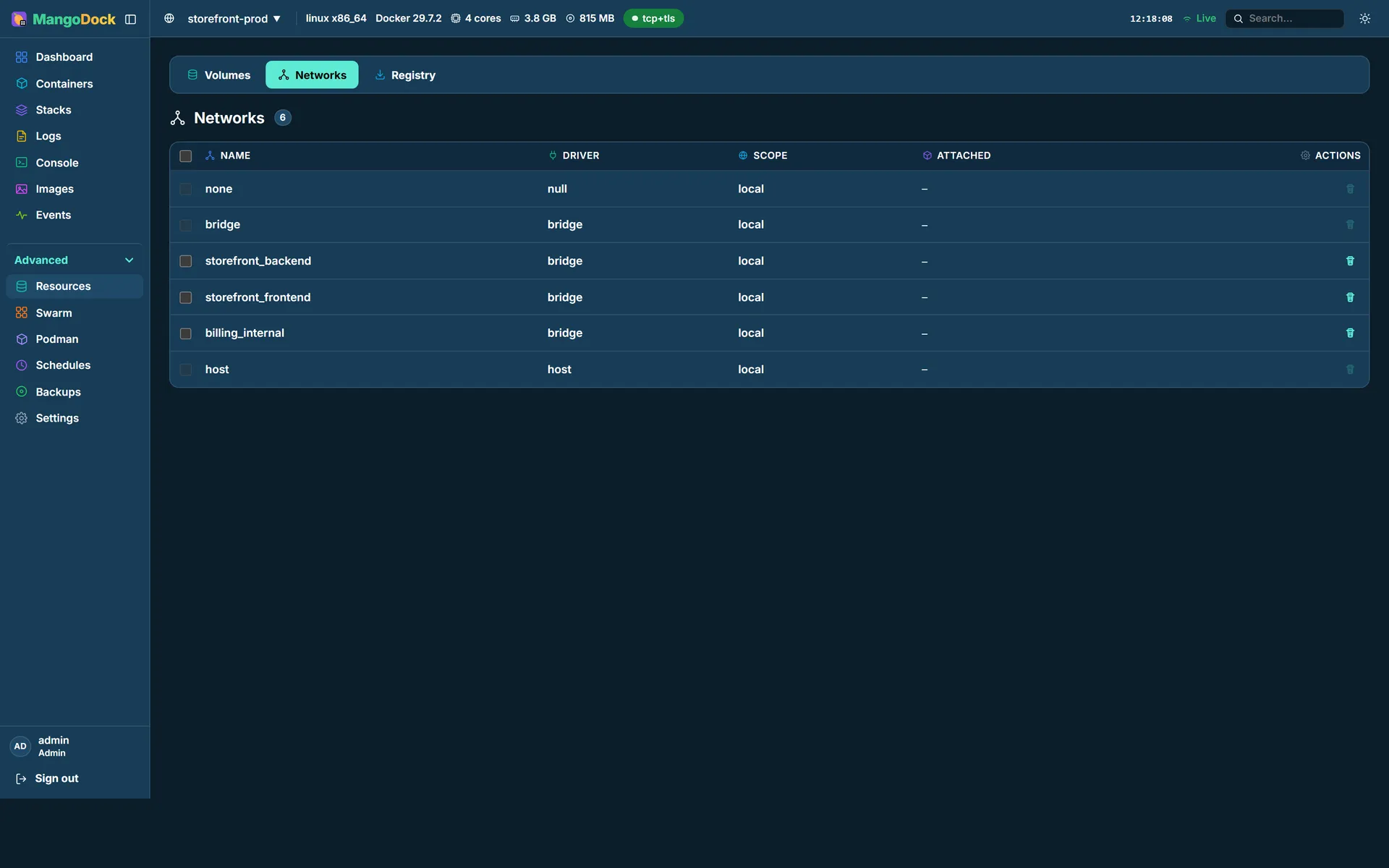 The Networks page listing Docker networks with their drivers and scopes
