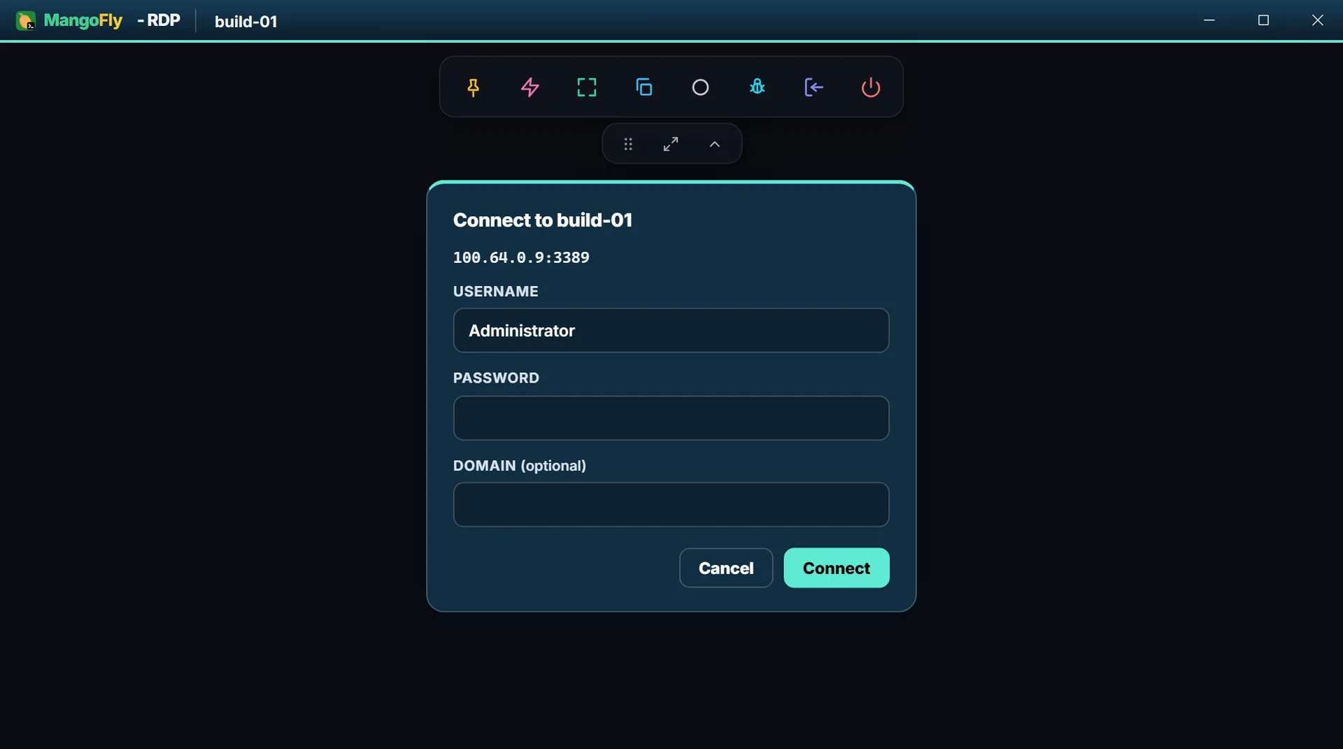 The MangoFly-branded RDP session window, titled Connect to build-01 with the mesh address 100.64.0.9:3389, showing username, password and optional domain fields