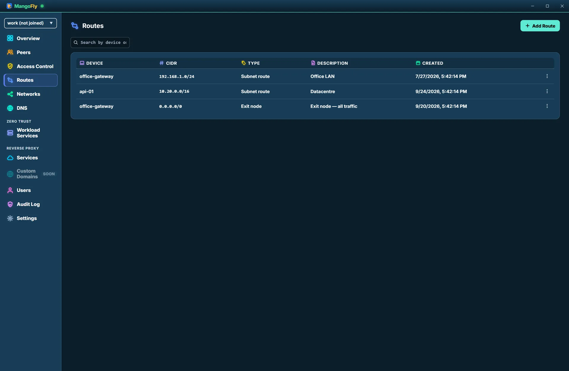 The Routes table listing two subnet routes and an exit node with their advertising devices