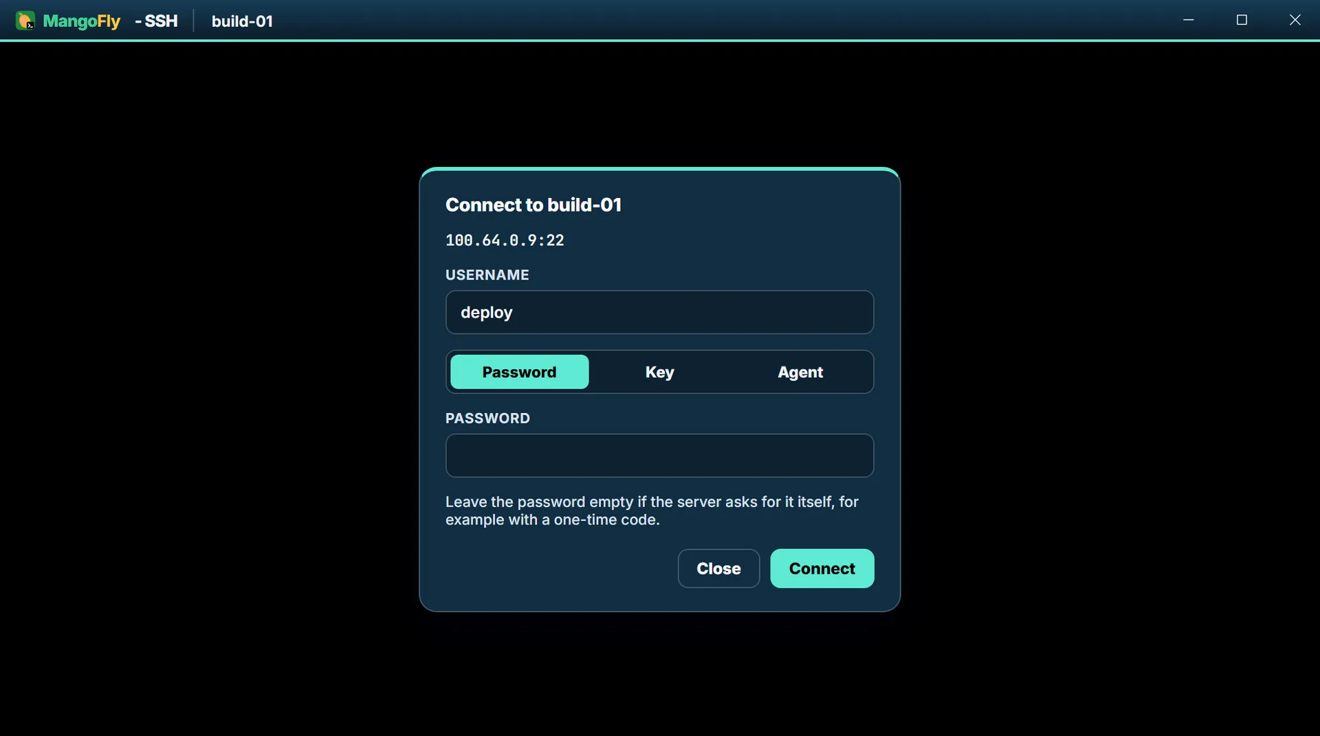 The MangoFly-branded SSH session window, titled Connect to build-01 with the mesh address 100.64.0.9:22, showing a username field, a Password / Key / Agent selector and a password field