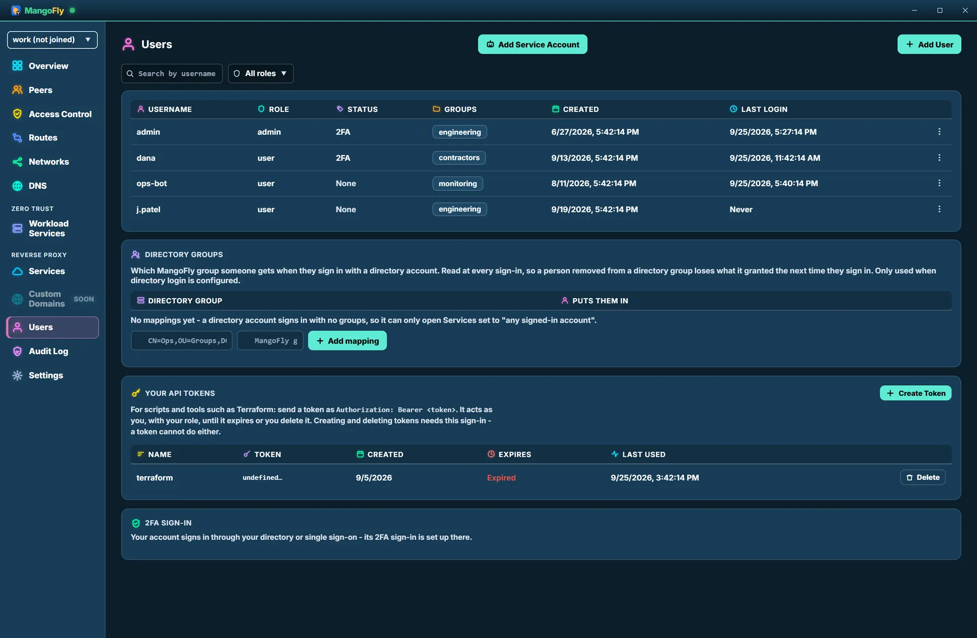 The Users table with roles, two-factor status, groups and last login, above directory-group mapping and API tokens