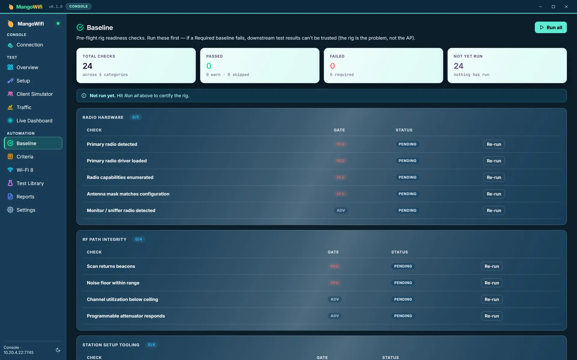 The Baseline view listing 24 pre-flight checks grouped by category, all pending