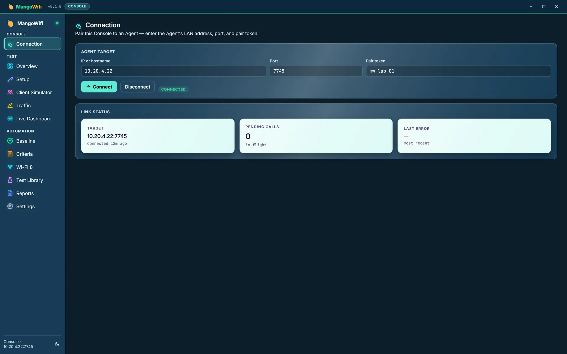 The Connection view showing the paired Agent address, port and pair token