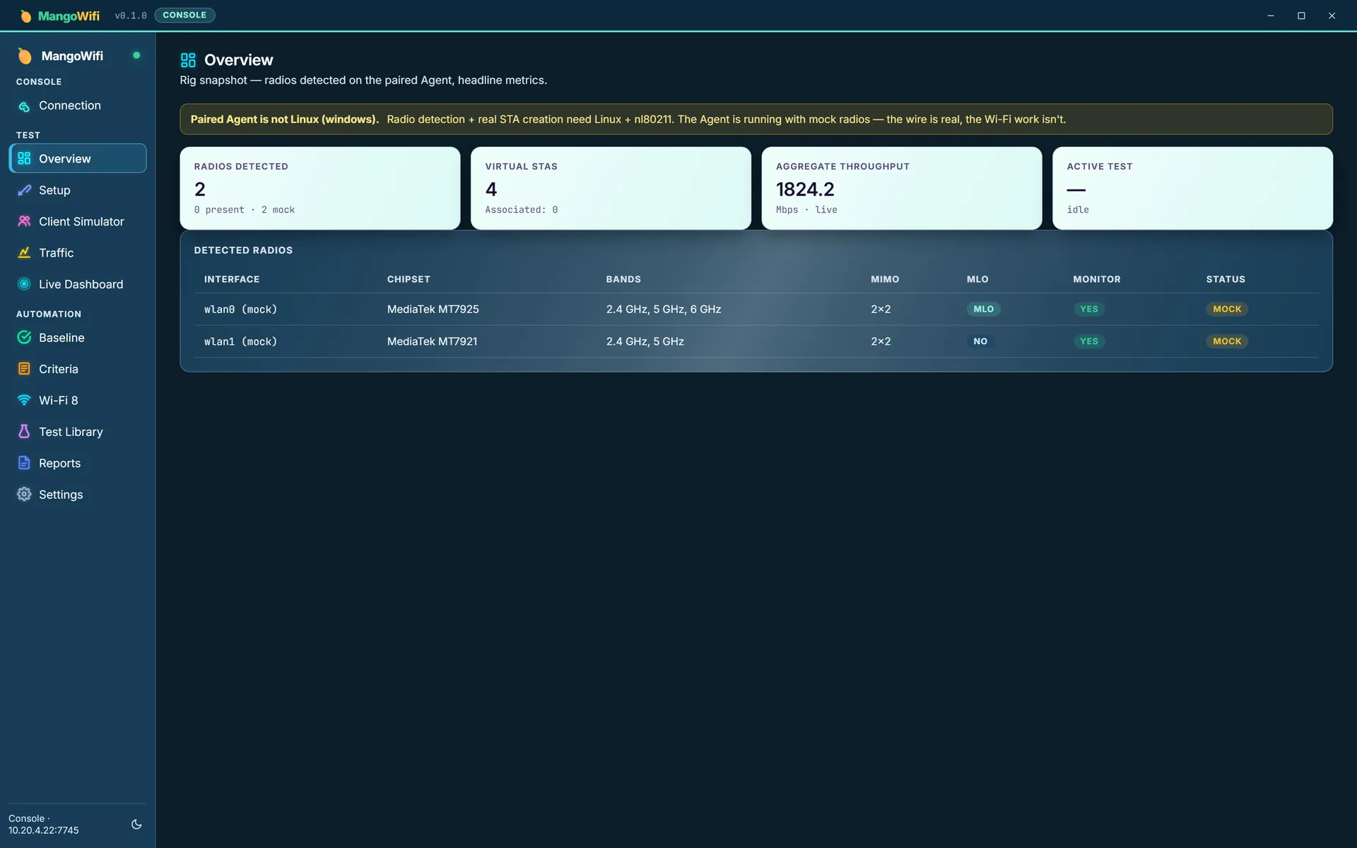 The Overview showing two detected radios, an MT7925 and an MT7921, both chipped MOCK