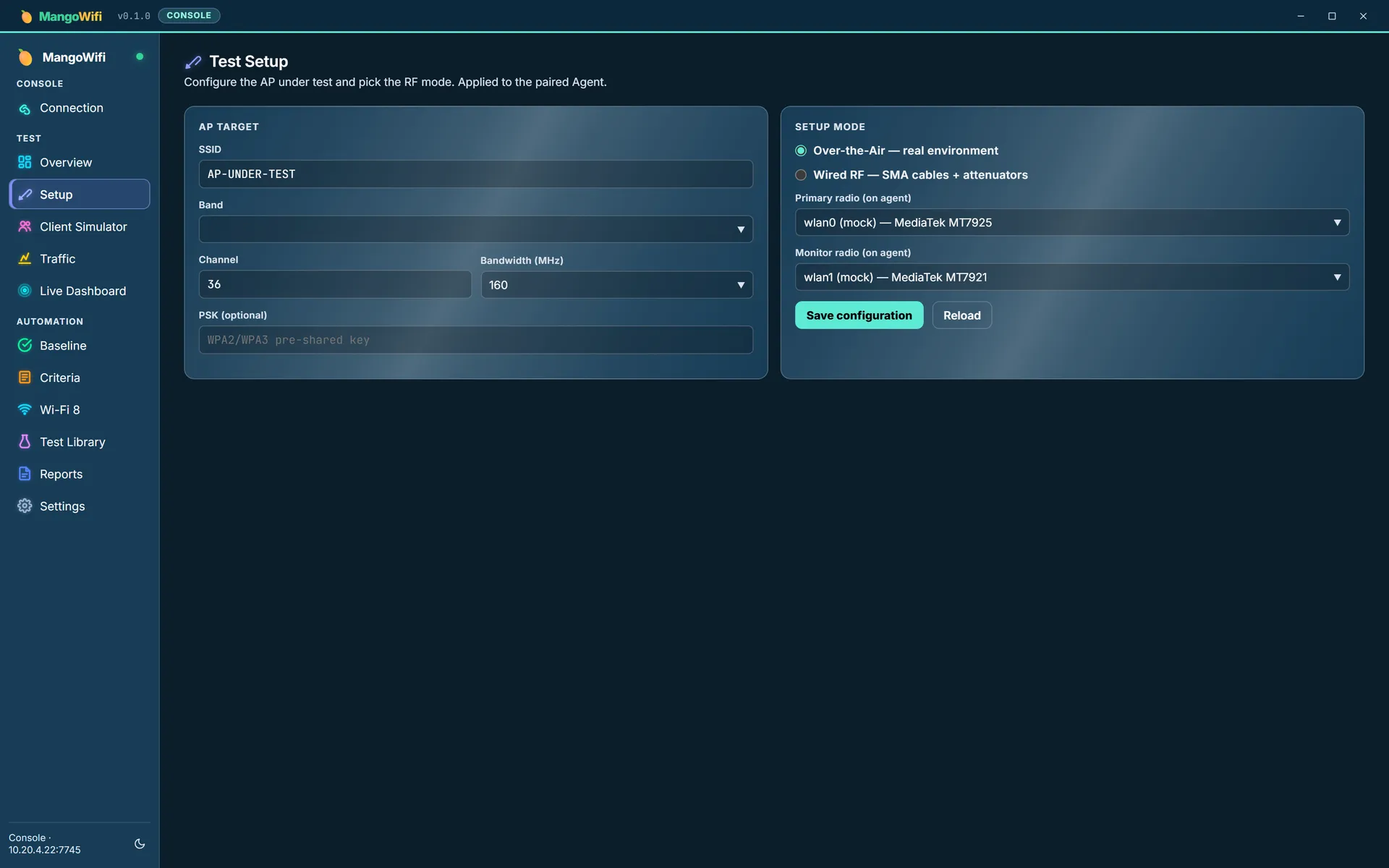 The Setup view with target SSID, band, channel, bandwidth and setup-mode controls