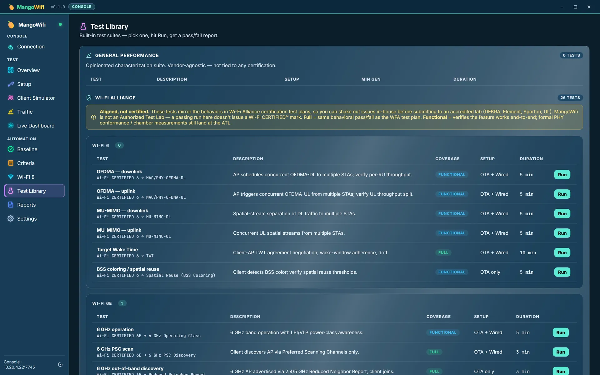 The Test Library listing the full catalog with section, generation and duration